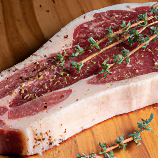 A raw steak seasoned with salt, pepper, and herbs