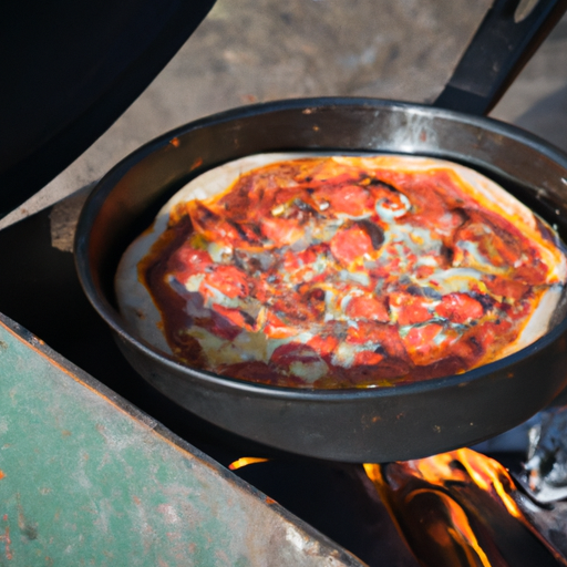 A cast iron Dutch oven being used to cook a delicious pizza over a campfire